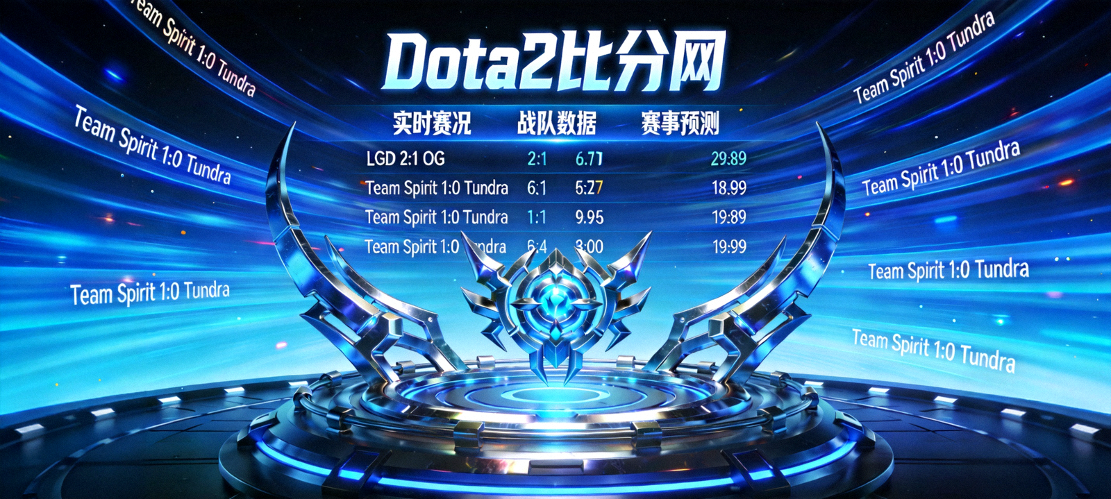 Dota2比分网全屏横幅：霓虹蓝机甲风格电竞舞台与实时比分数据流背景